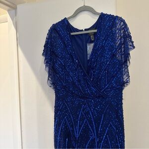Adrianna Papell Sapphire Beaded Blue Dress Short Sleeve V Neck Size 12